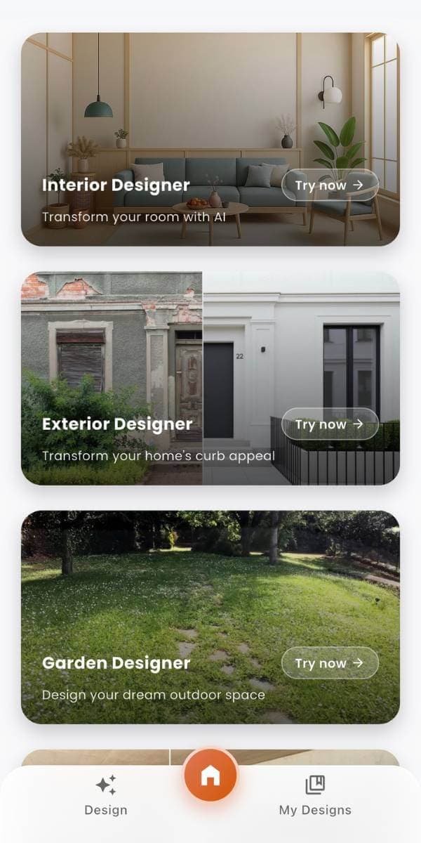 DecorAI app interface on iPhone showing room transformation feature