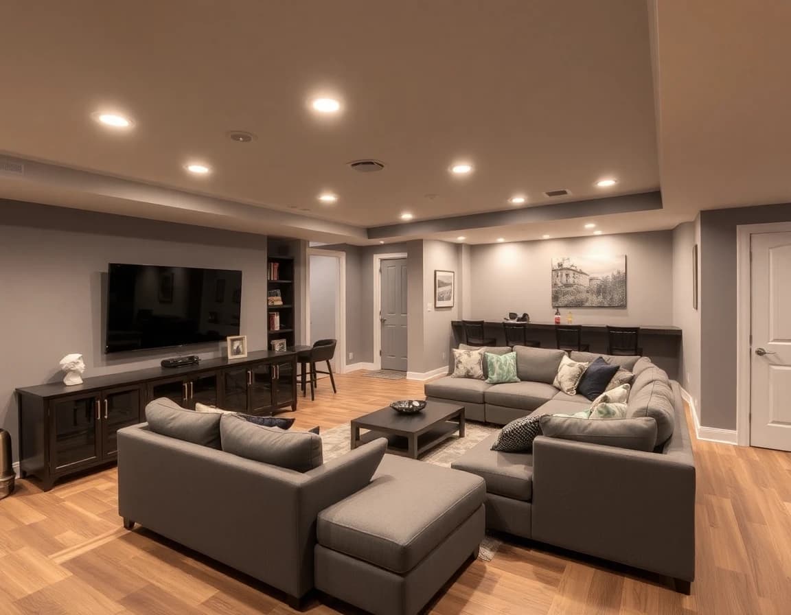 Basement after DecorAI transformation - finished entertainment room