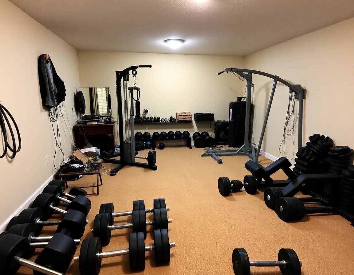 Fitness room before DecorAI transformation - outdated home gym equipment