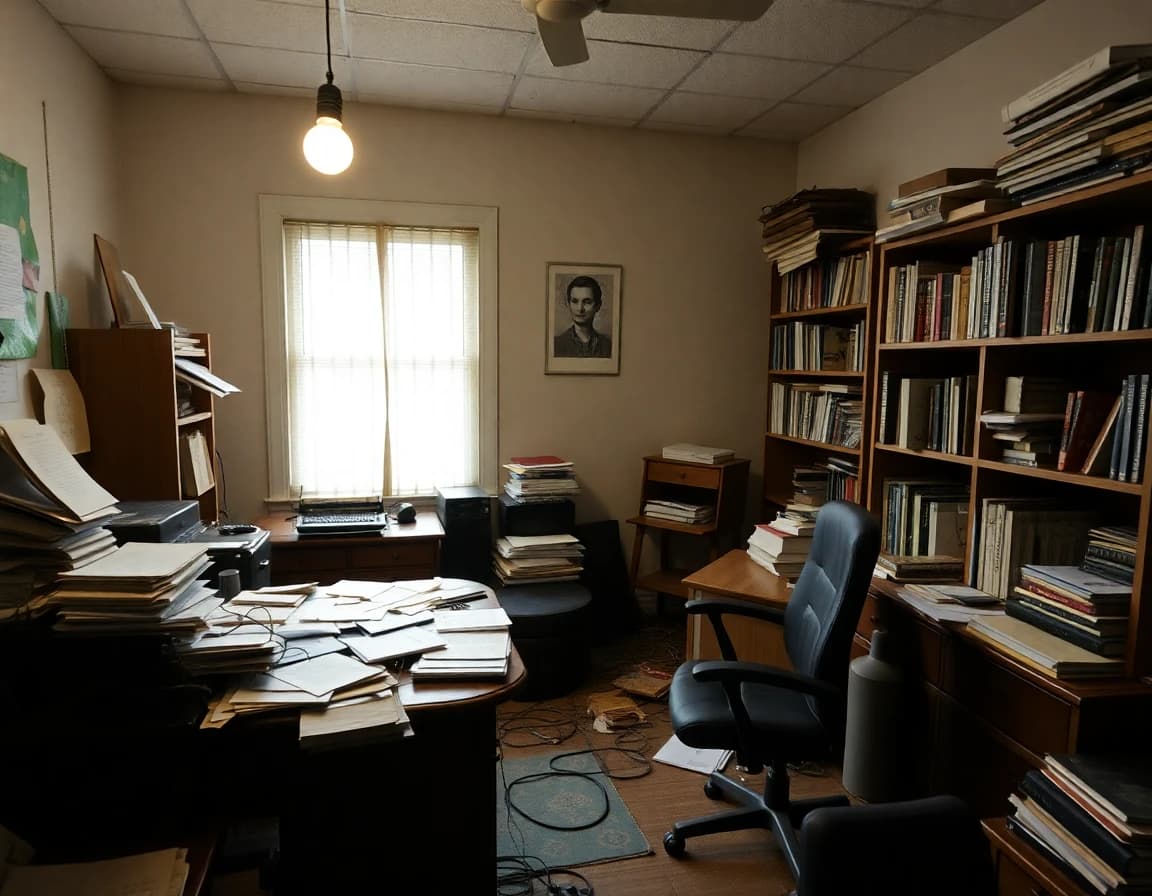 Home office before DecorAI transformation - cluttered workspace with poor lighting